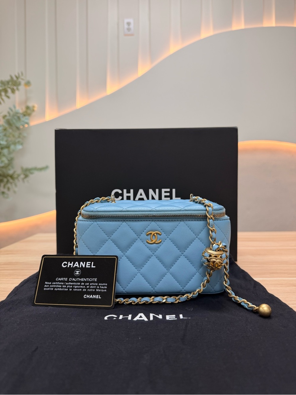 CHANEL Light Blue Quilted Vanity Crossbody with Gold Hardware